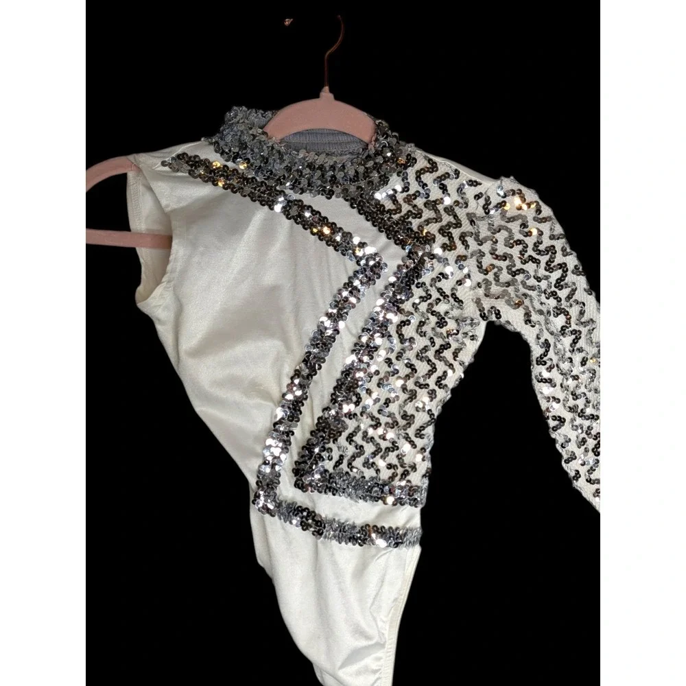 Sequined White Leotard Child Medium Large OOC Asymmetrical One Sleeve Dancewear